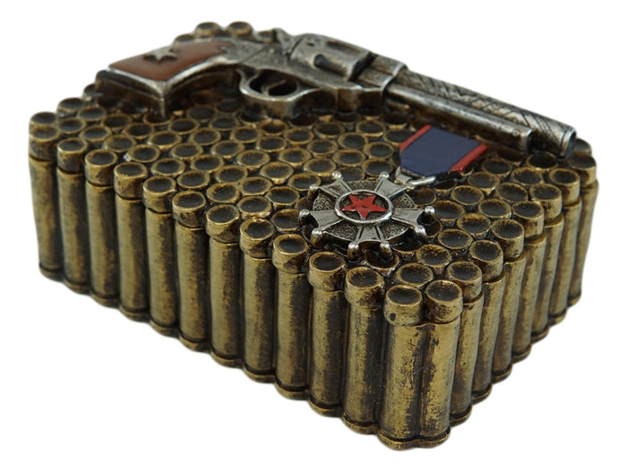Ebros Gift Western Six Shooter Pistol Ammo Shells Gold Tone Bullets Decorative Box 7"L