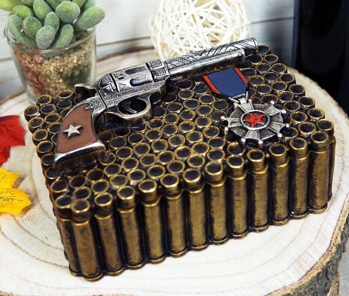 ebros gift Western Six Shooter Pistol Ammo Shells Gold Tone Bullets Decorative Box 7"L