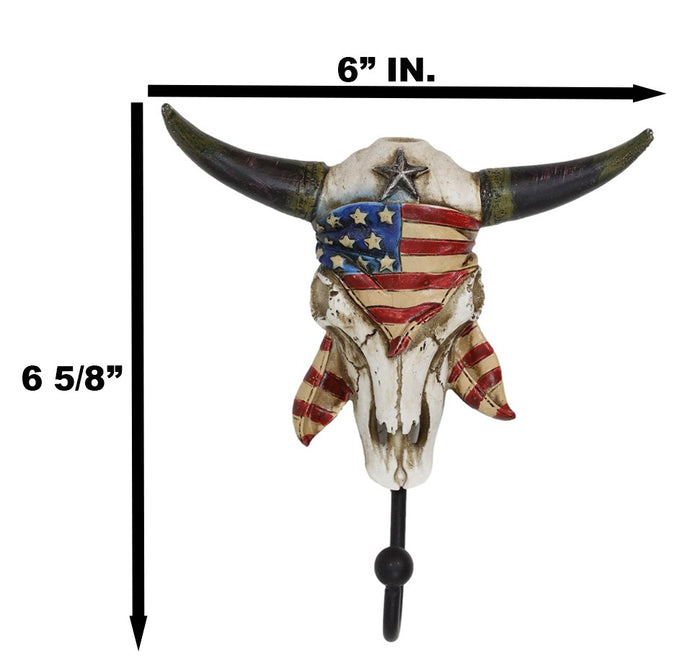 Ebros Gift Western Star Patriotic American Flag Cow Skull With Feathers Single Wall Hook