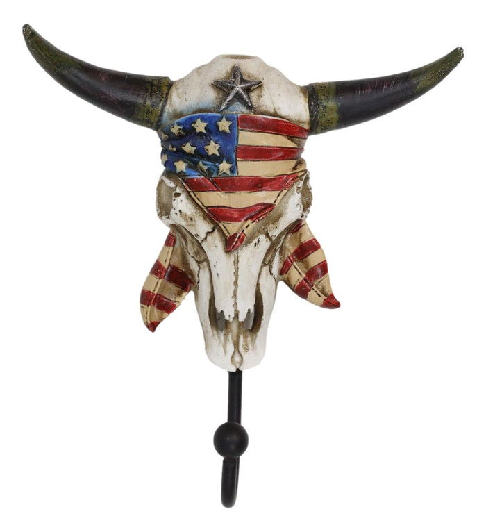 Ebros Gift Western Star Patriotic American Flag Cow Skull With Feathers Single Wall Hook