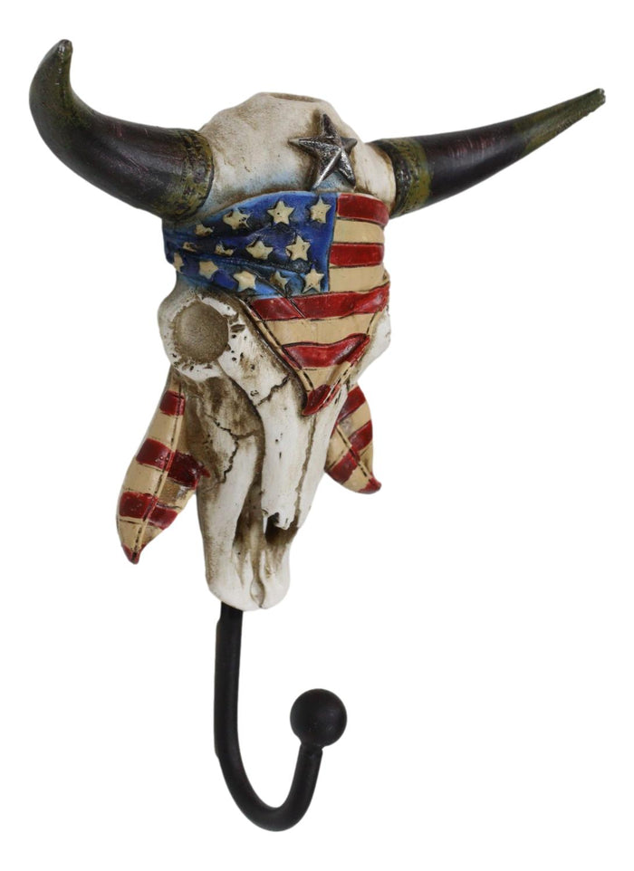 Ebros Gift Western Star Patriotic American Flag Cow Skull With Feathers Single Wall Hook