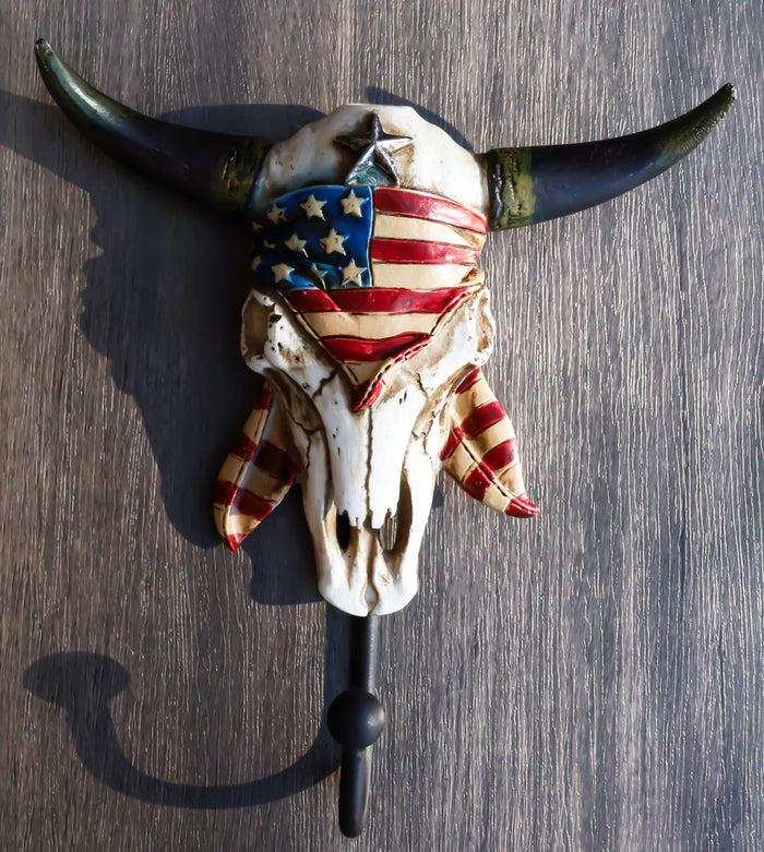 ebros gift Western Star Patriotic American Flag Cow Skull With Feathers Single Wall Hook