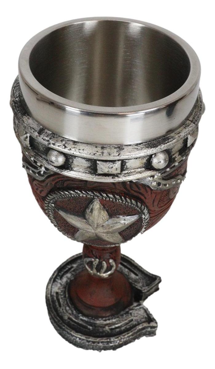 Ebros Gift Western Stars And Horseshoes Floral Scroll In Faux Tooled Leather Wine Goblet
