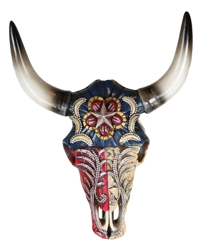Ebros Gift Western Texas Flag Colors Floral Tribal Tattoo Bison Cow Skull Wall Decor Plaque
