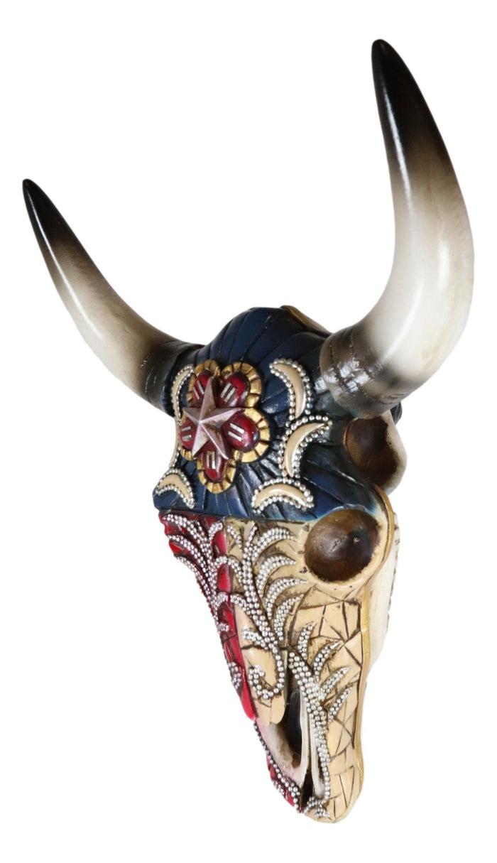 Ebros Gift Western Texas Flag Colors Floral Tribal Tattoo Bison Cow Skull Wall Decor Plaque