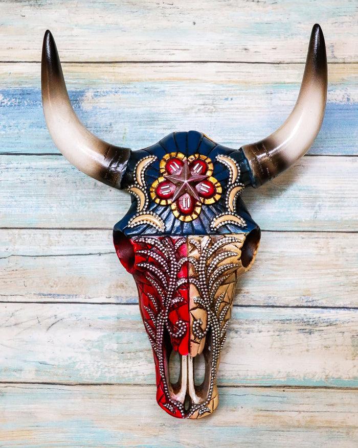 ebros gift Western Texas Flag Colors Floral Tribal Tattoo Bison Cow Skull Wall Decor Plaque