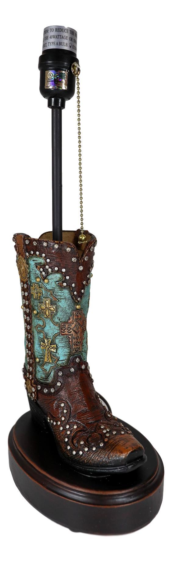 Ebros Gift Western Tooled Turquoise Cowboy Boot Hand Painted Desktop Table Lamp With Shade