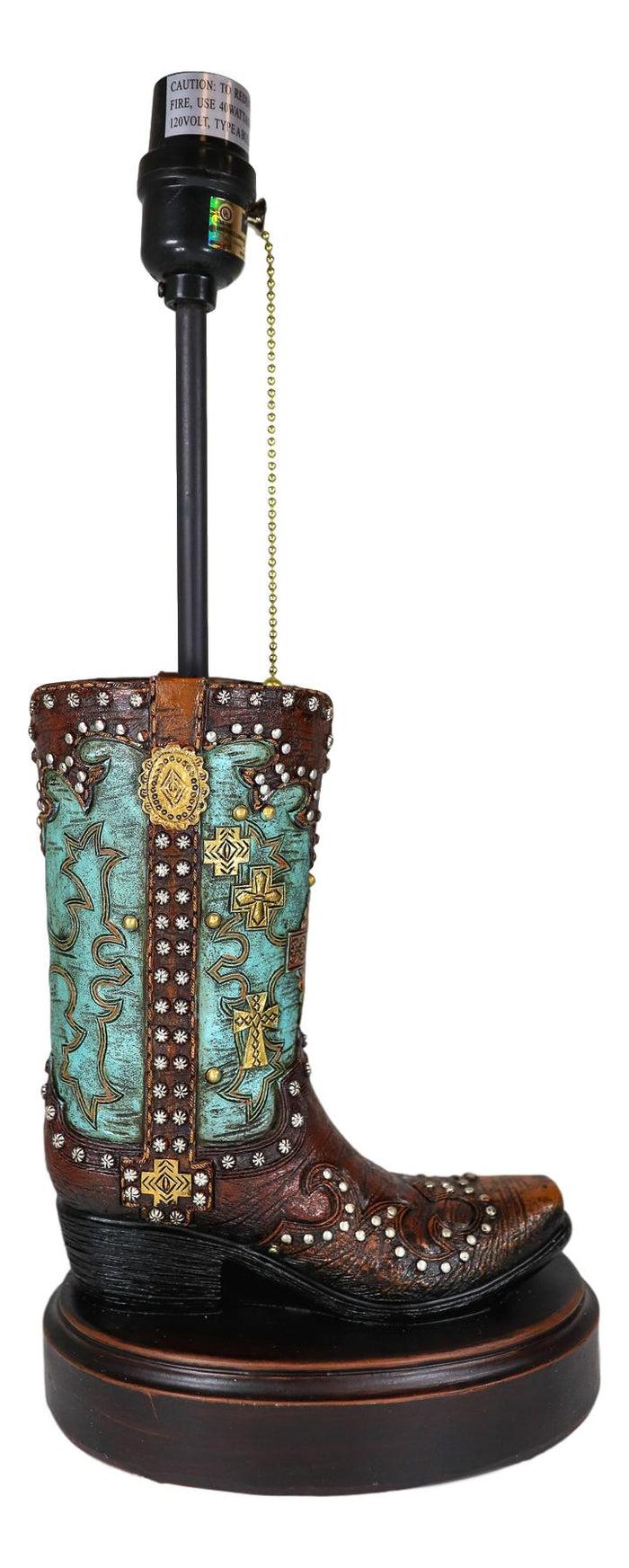 Ebros Gift Western Tooled Turquoise Cowboy Boot Hand Painted Desktop Table Lamp With Shade