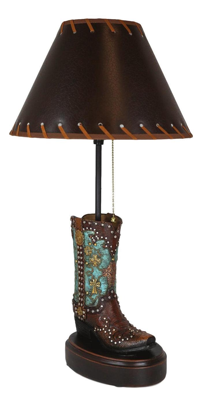 Ebros Gift Western Tooled Turquoise Cowboy Boot Hand Painted Desktop Table Lamp With Shade