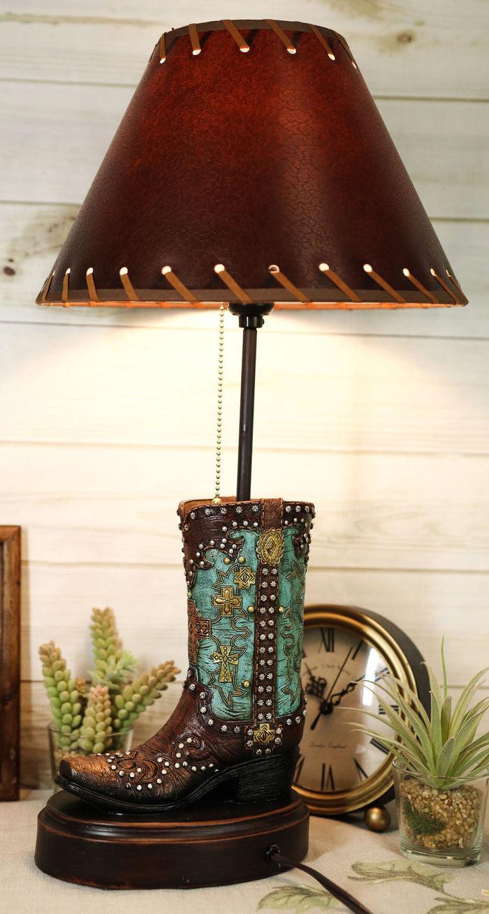 ebros gift Western Tooled Turquoise Cowboy Boot Hand Painted Desktop Table Lamp With Shade
