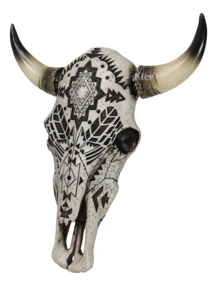 Ebros Gift Western Tribal Aztec Vector Tattoo Patterns Horned Cow Skull Wall Decor Plaque