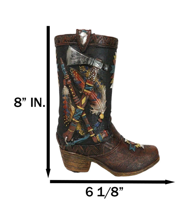 Ebros Gift Western Tribal Native Indian Hand Axe Peace Pipe And Feathers Cowboy Boot Vase