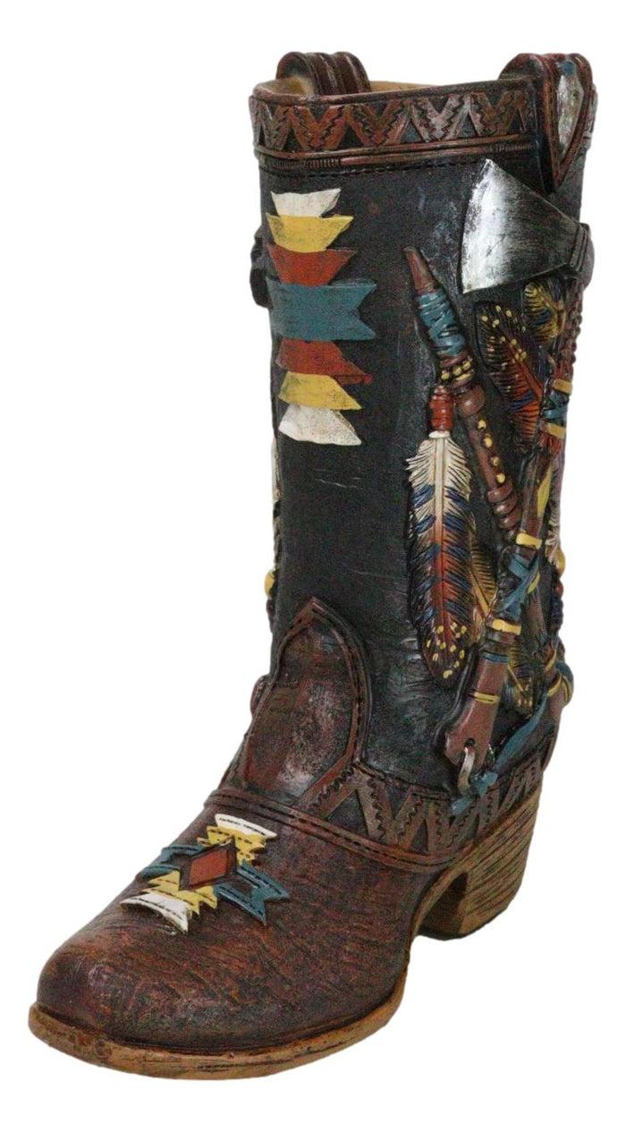 Ebros Gift Western Tribal Native Indian Hand Axe Peace Pipe And Feathers Cowboy Boot Vase
