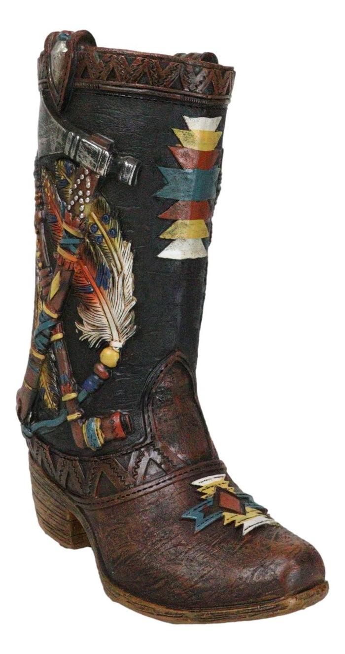 Ebros Gift Western Tribal Native Indian Hand Axe Peace Pipe And Feathers Cowboy Boot Vase