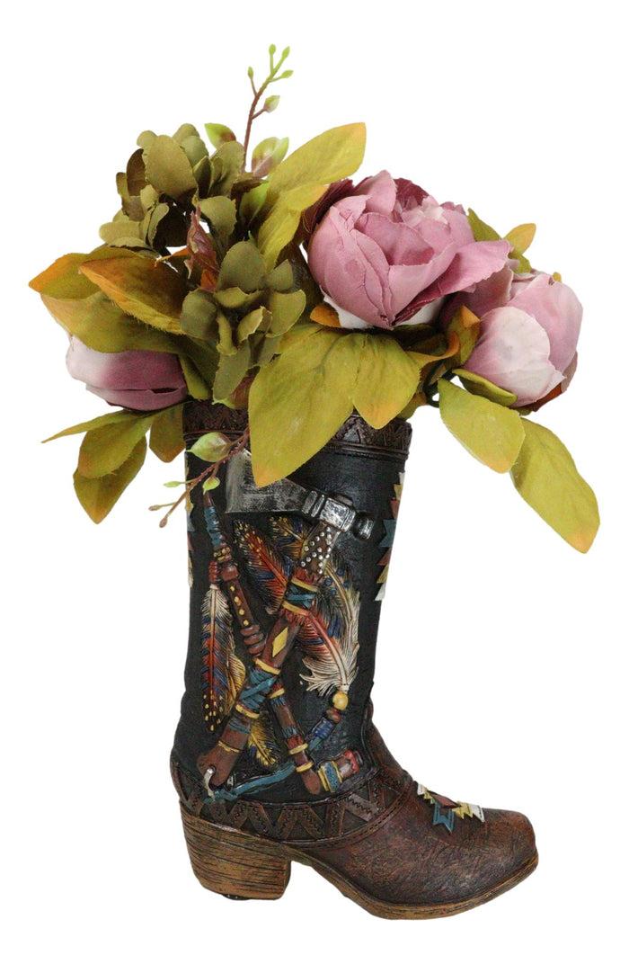 ebros gift Western Tribal Native Indian Hand Axe Peace Pipe and Feathers Cowboy Boot Vase