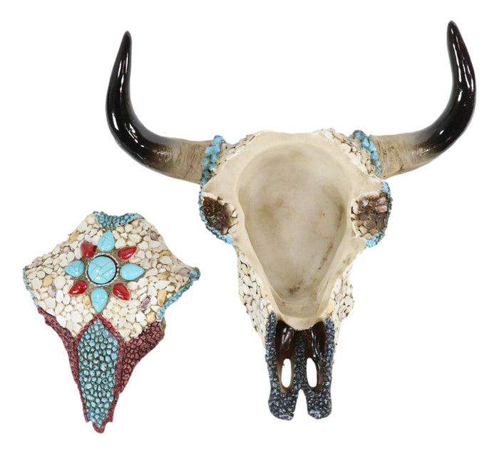 Ebros Gift Western Turquoise And Red Teardrop Gems Mosaic Steer Cow Skull Decorative Box