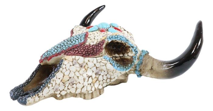 ebros gift Western Turquoise And Red Teardrop Gems Mosaic Steer Cow Skull Decorative Box