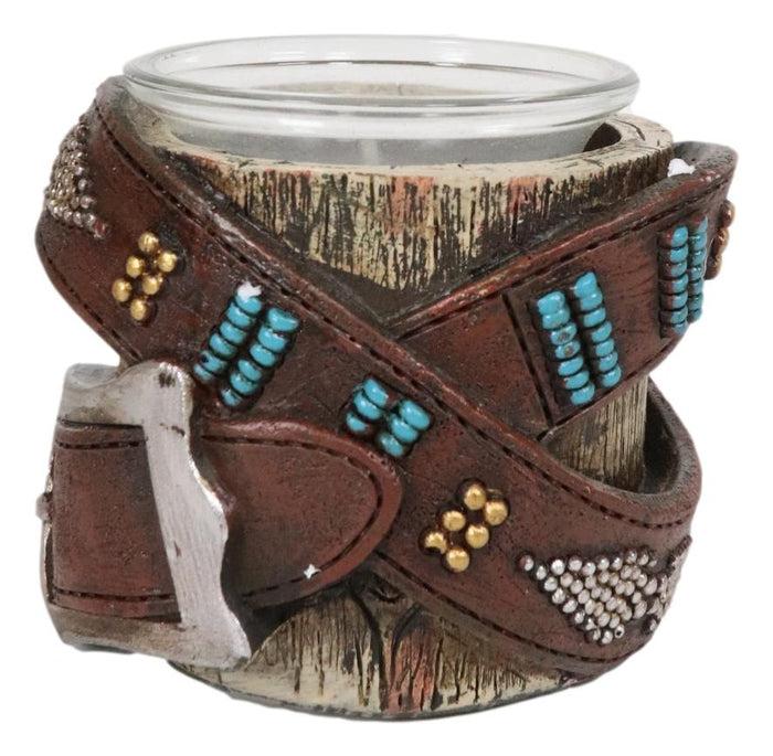 Ebros Gift Western Turquoise Belt Buckle Crossed On Faux Wood Trunk Votive Candle Holder
