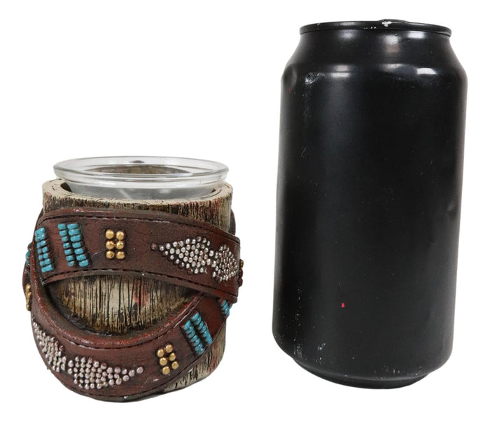 Ebros Gift Western Turquoise Belt Buckle Crossed On Faux Wood Trunk Votive Candle Holder