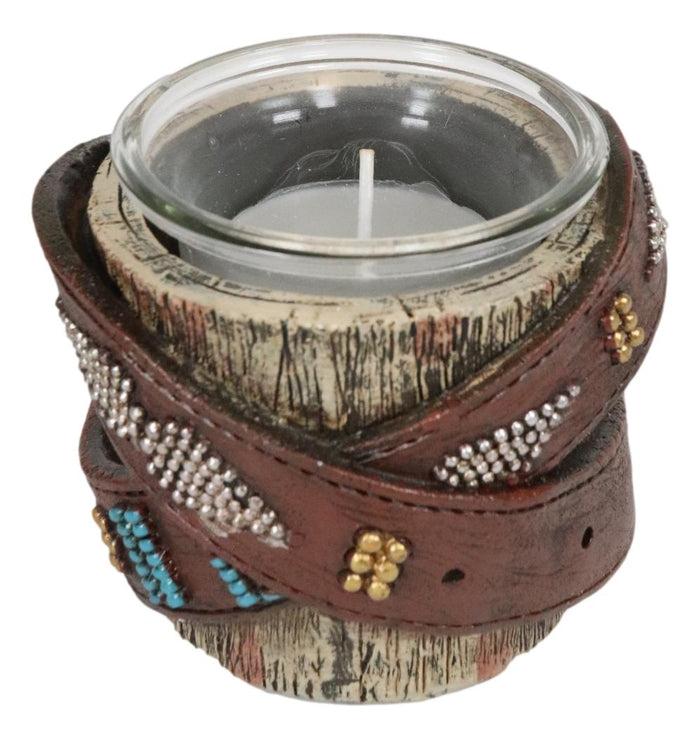 Ebros Gift Western Turquoise Belt Buckle Crossed On Faux Wood Trunk Votive Candle Holder