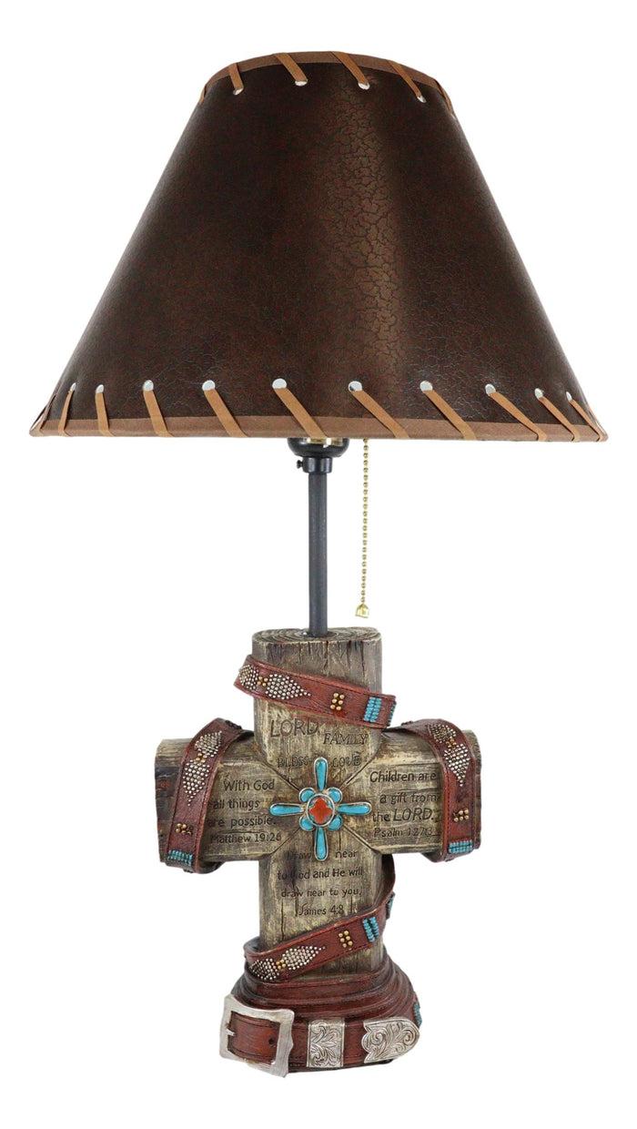 Ebros Gift Western Turquoise Faux Distressed Wood Cross Bible Verses Family Side Table Lamp