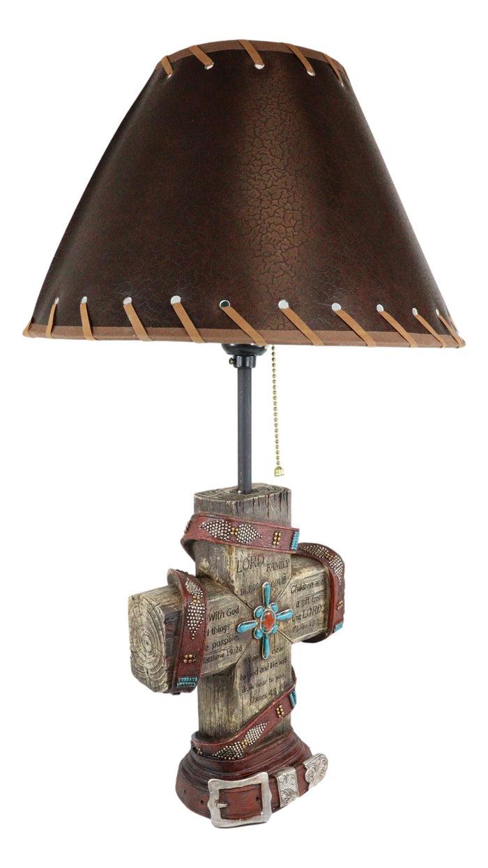 Ebros Gift Western Turquoise Faux Distressed Wood Cross Bible Verses Family Side Table Lamp