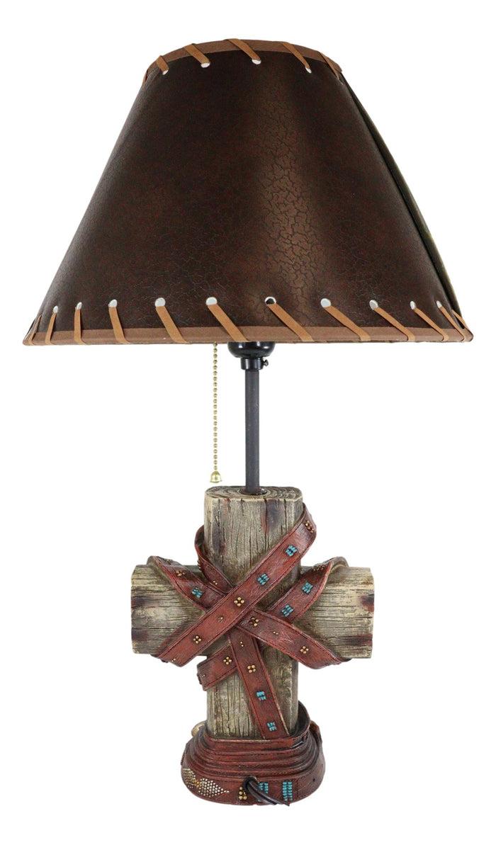 Ebros Gift Western Turquoise Faux Distressed Wood Cross Bible Verses Family Side Table Lamp