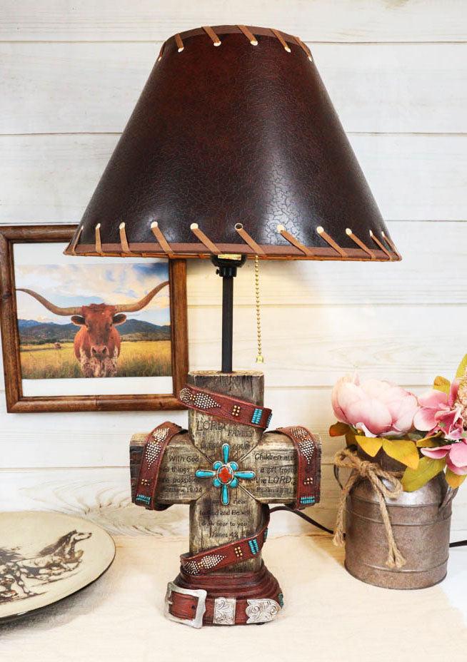 ebros gift Western Turquoise Faux Distressed Wood Cross Bible Verses Family Side Table Lamp
