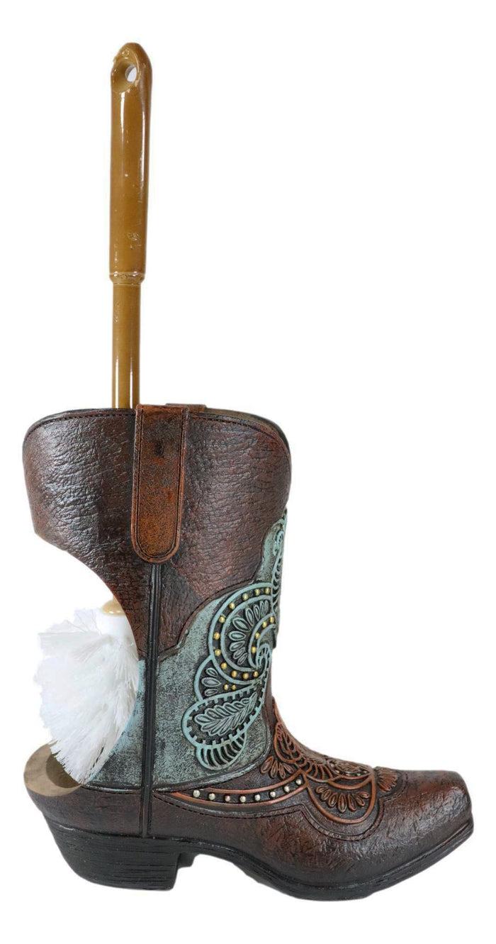 Ebros Gift Western Turquoise Floral Tooled Leather Cowboy Boot Toilet Brush And Holder Set