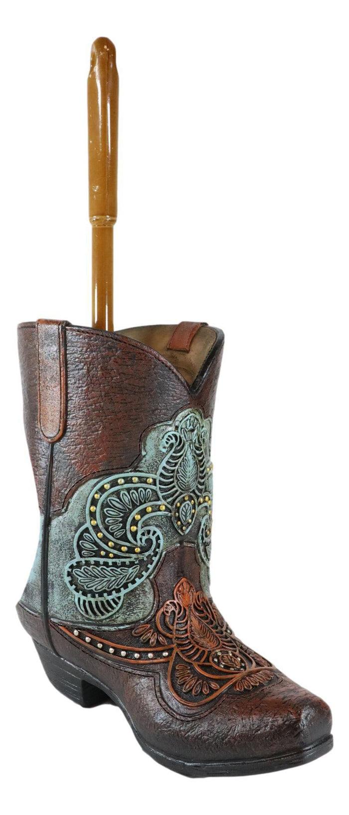 Ebros Gift Western Turquoise Floral Tooled Leather Cowboy Boot Toilet Brush And Holder Set