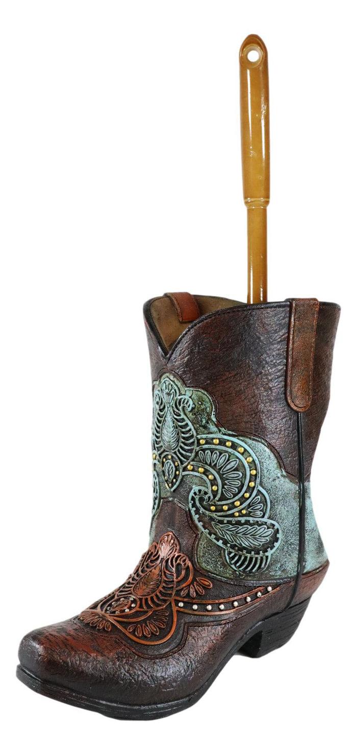 Ebros Gift Western Turquoise Floral Tooled Leather Cowboy Boot Toilet Brush And Holder Set