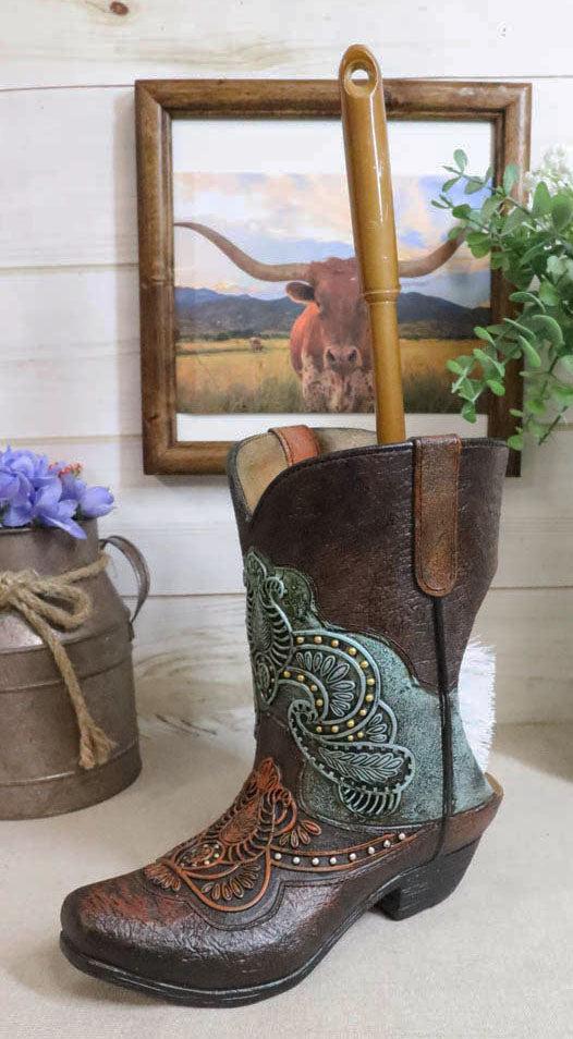 ebros gift Western Turquoise Floral Tooled Leather Cowboy Boot Toilet Brush And Holder Set