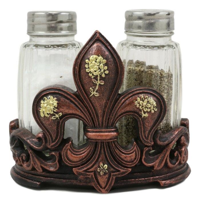 Ebros Gift Western Tuscany Fleur De Lis Golden Flowers Salt And Pepper Shakers Holder Set