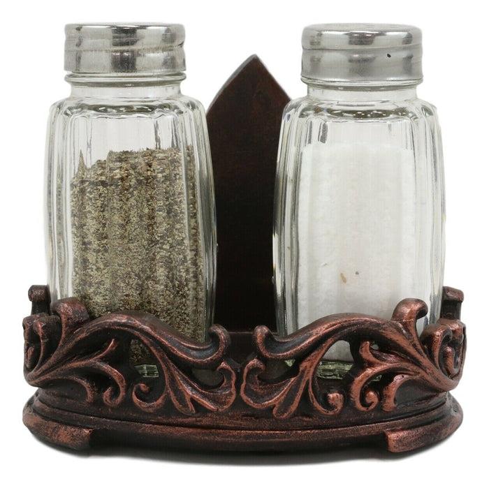 Ebros Gift Western Tuscany Fleur De Lis Golden Flowers Salt And Pepper Shakers Holder Set