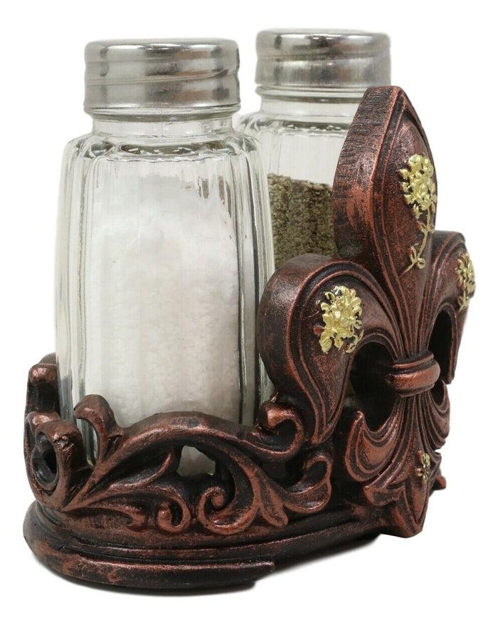 Ebros Gift Western Tuscany Fleur De Lis Golden Flowers Salt And Pepper Shakers Holder Set