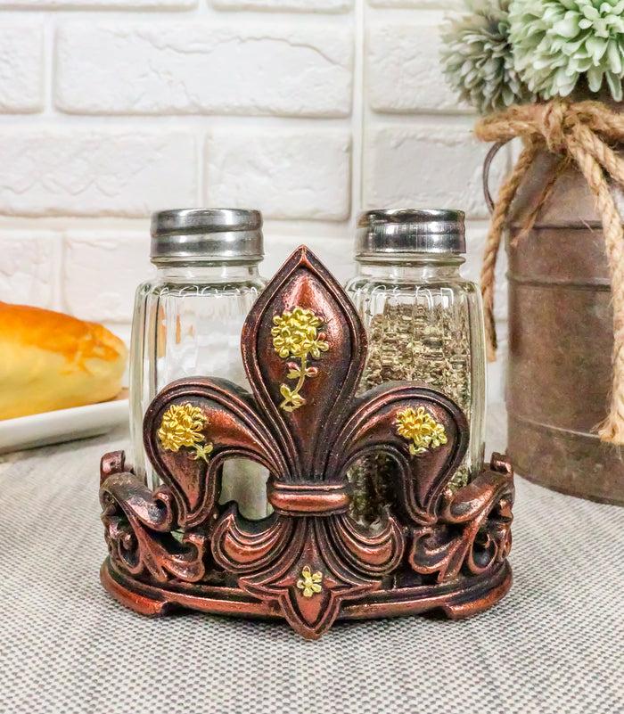 ebros gift Western Tuscany Fleur De Lis Golden Flowers Salt And Pepper Shakers Holder Set