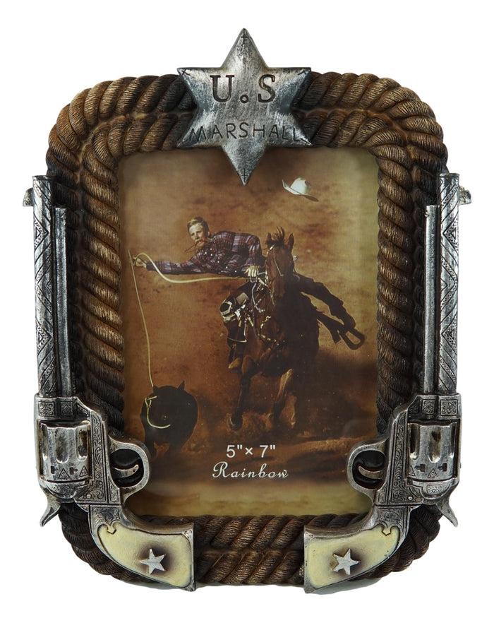 Ebros Gift Western US Marshall Badge Revolver Pistols And Ropes 5"X7" Photo Picture Frame
