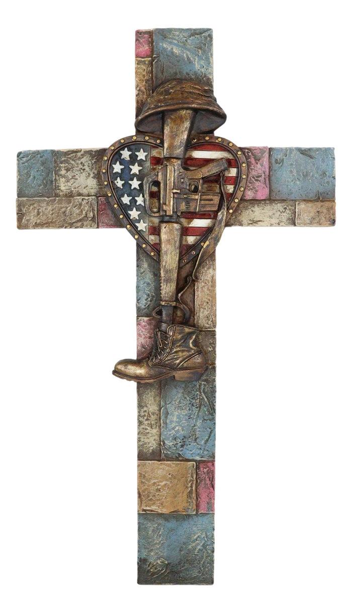 Ebros Gift Western USA Flag Heart Fallen Soldier Boot Rifle Helmet Memorial Wall Cross 14"