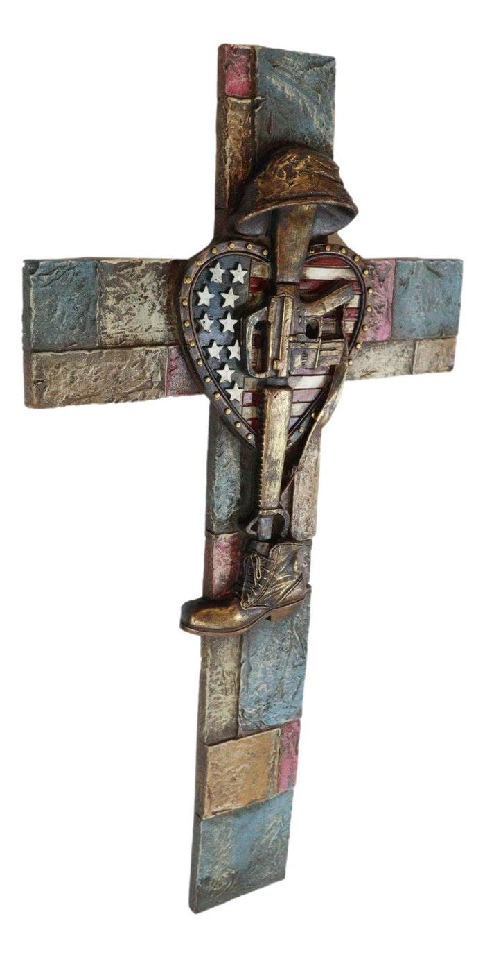 Ebros Gift Western USA Flag Heart Fallen Soldier Boot Rifle Helmet Memorial Wall Cross 14"