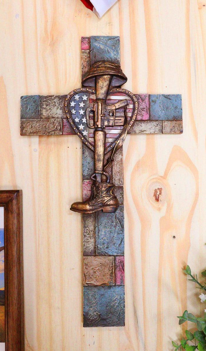 ebros gift Western USA Flag Heart Fallen Soldier Boot Rifle Helmet Memorial Wall Cross 14"