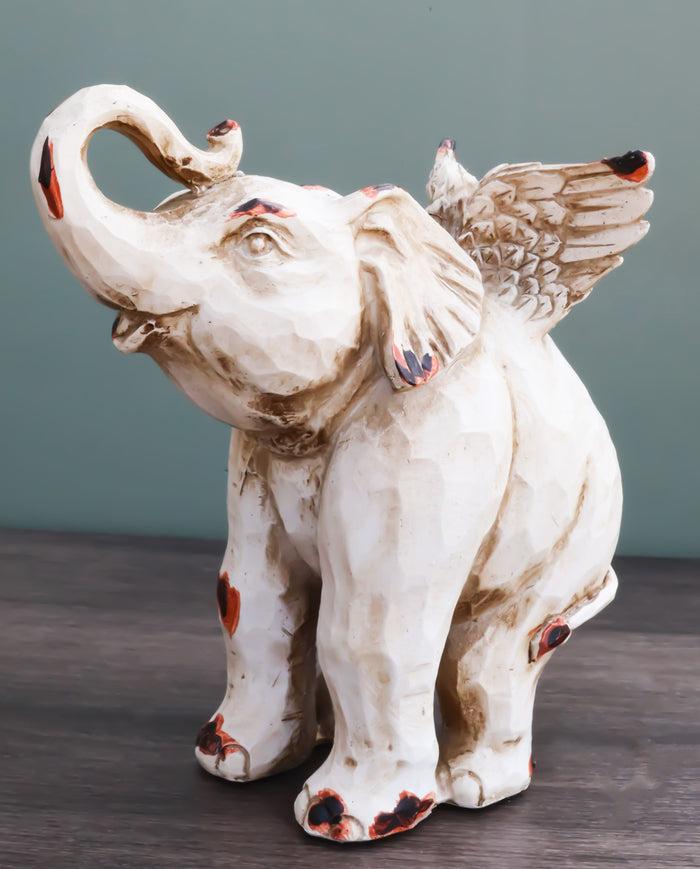 ebros gift Whimsical Angel Winged Elephant With Trunk Up Faux Wood Carving Resin Figurine