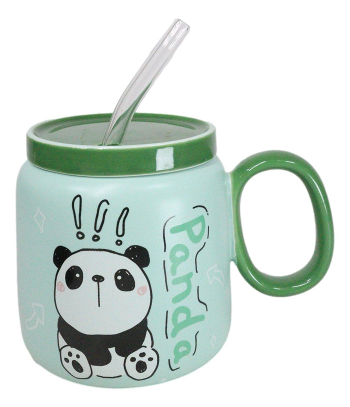 Ebros Gift Whimsical Anime Green Giant Panda 16oz Ceramic Mug Cup With Lid And Glass Straw