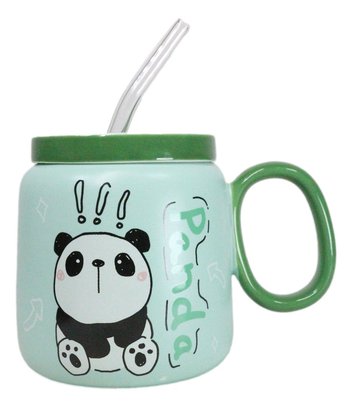 Ebros Gift Whimsical Anime Green Giant Panda 16oz Ceramic Mug Cup With Lid And Glass Straw