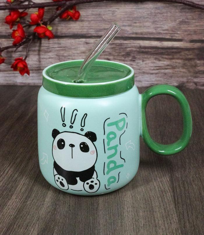 ebros gift Whimsical Anime Green Giant Panda 16oz Ceramic Mug Cup With Lid And Glass Straw