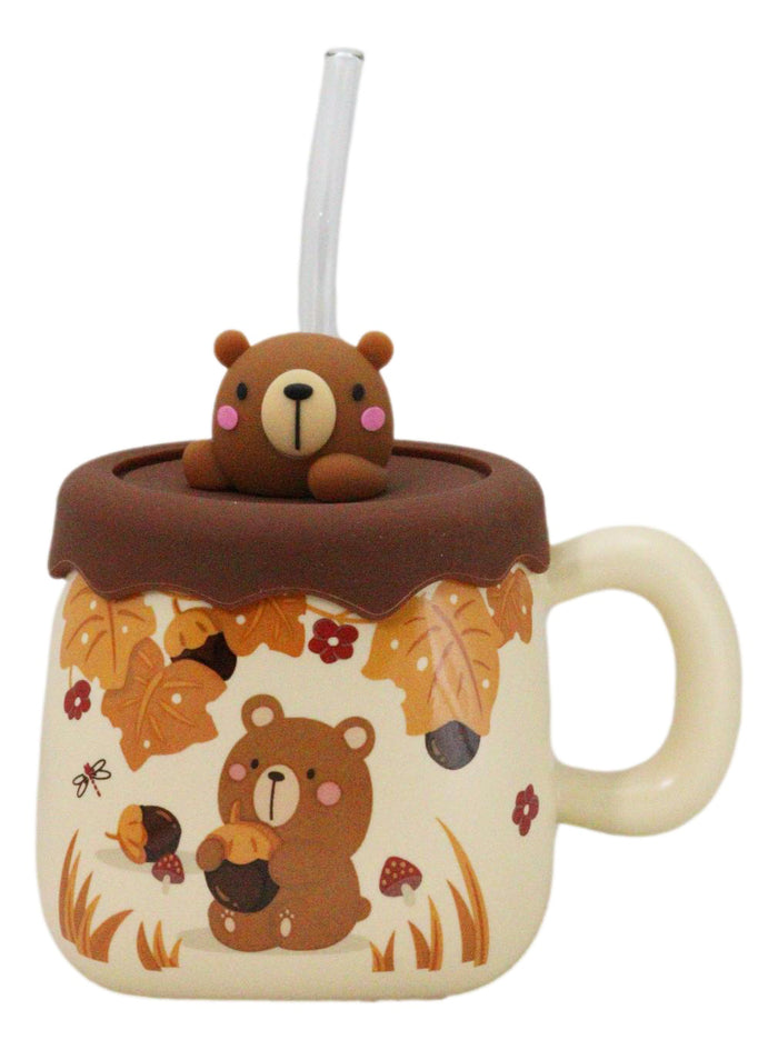 ebros gift Whimsical Autumn Leaves Brown Bear Cub Ceramic Mug With Silicone Lid And Straw