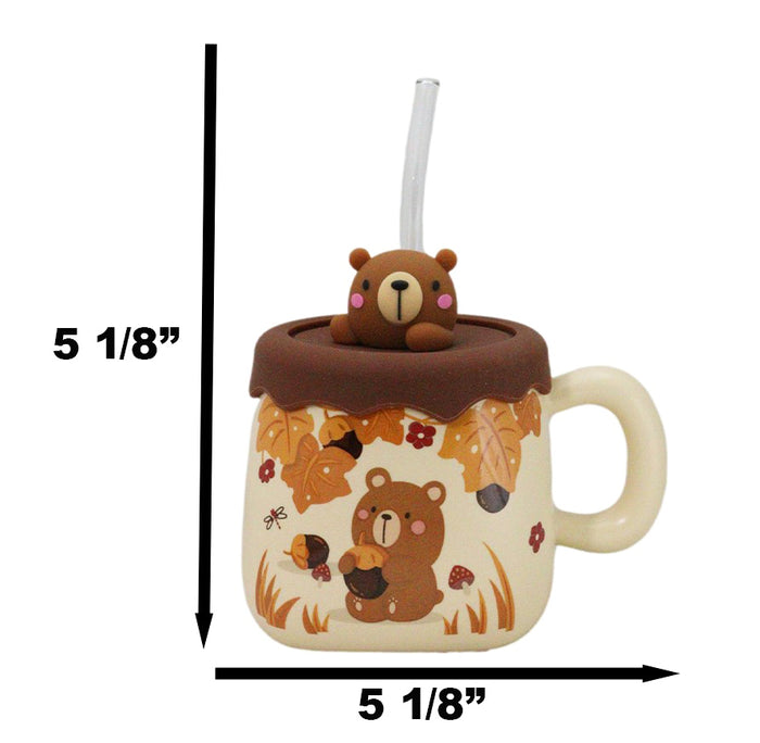 Ebros Gift Whimsical Autumn Leaves Brown Bear Cub Ceramic Mug With Silicone Lid And Straw