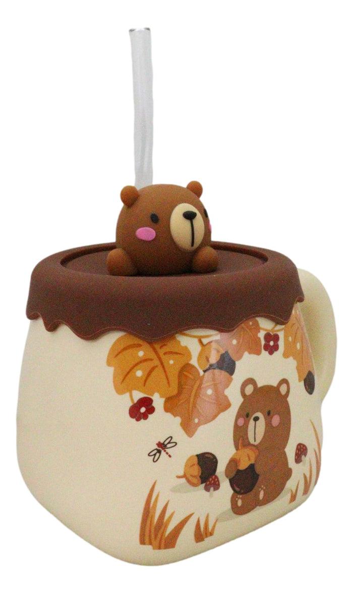 Ebros Gift Whimsical Autumn Leaves Brown Bear Cub Ceramic Mug With Silicone Lid And Straw