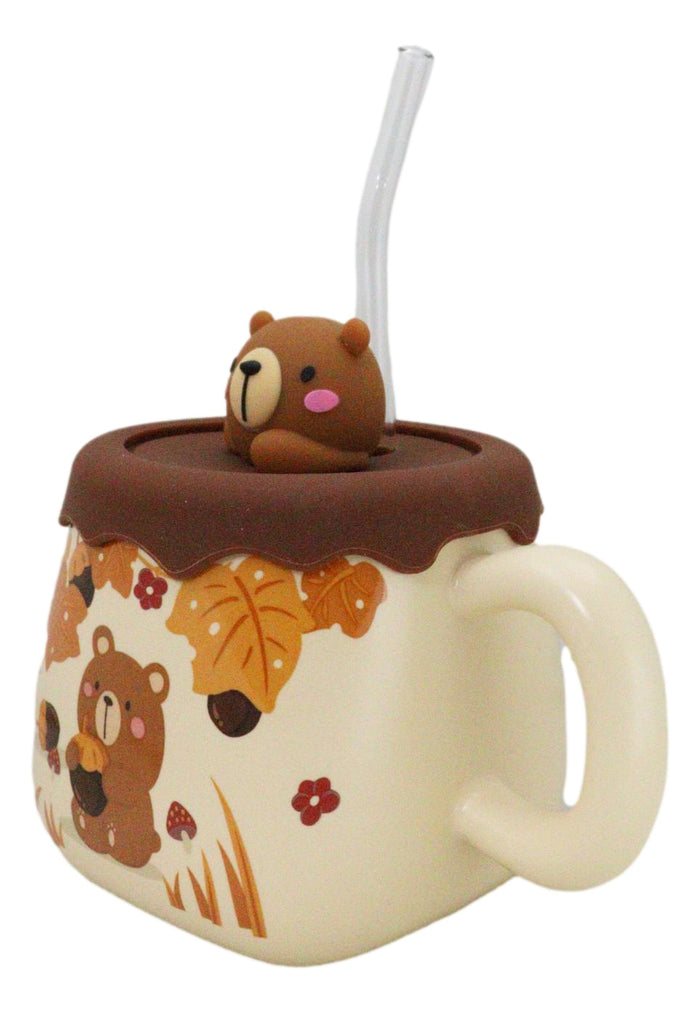 Ebros Gift Whimsical Autumn Leaves Brown Bear Cub Ceramic Mug With Silicone Lid And Straw