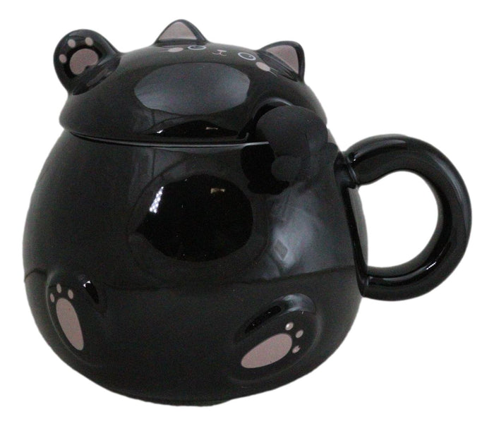Ebros Gift Whimsical Black Chubby Feline Kitty Cat Cup Mug With Lid And Stirring Spoon