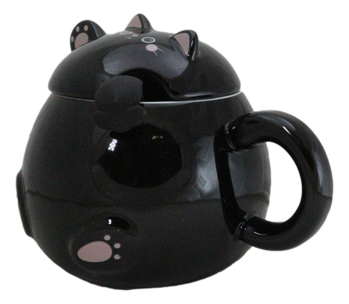 Ebros Gift Whimsical Black Chubby Feline Kitty Cat Cup Mug With Lid And Stirring Spoon